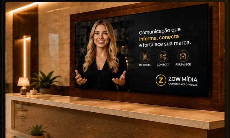 TV em recepção exibindo comunicação visual da Zow Mídia